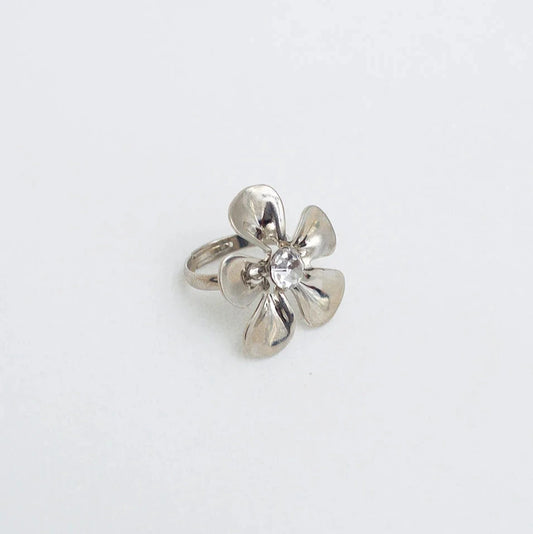 FLORAL BASE RING WITH CRYSTAL - WHITE RHODIUM PLATED