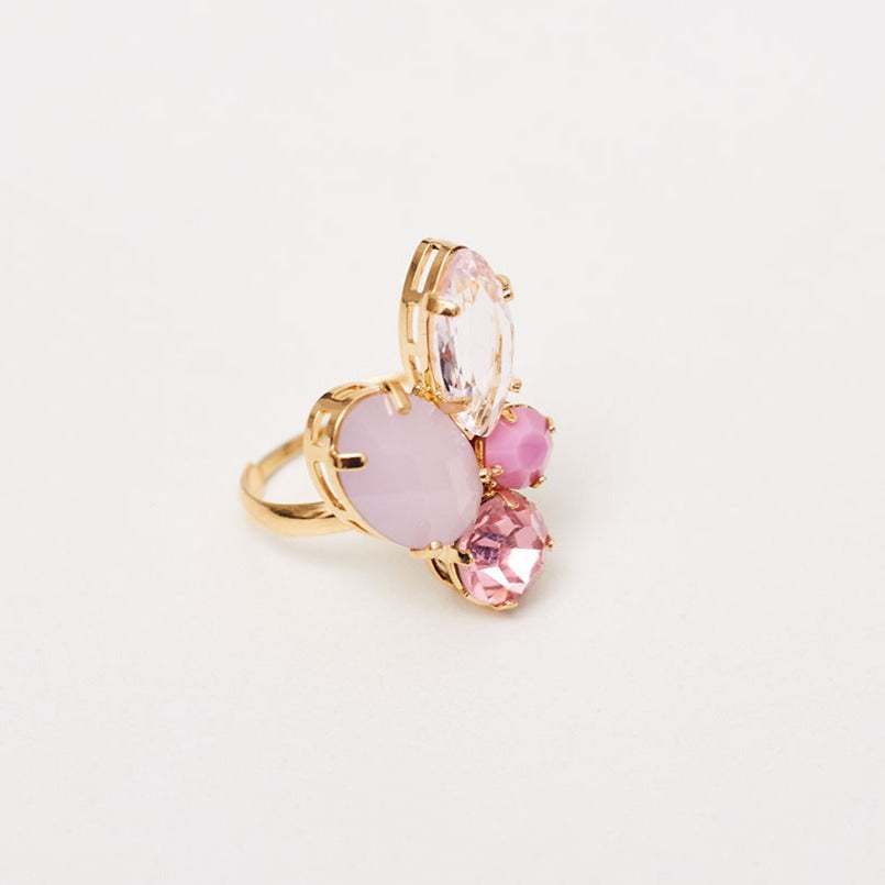 Four Pink Crystals Ring Gold Plated