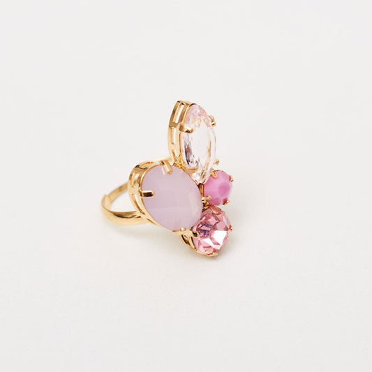 Four Pink Crystals Ring Gold Plated