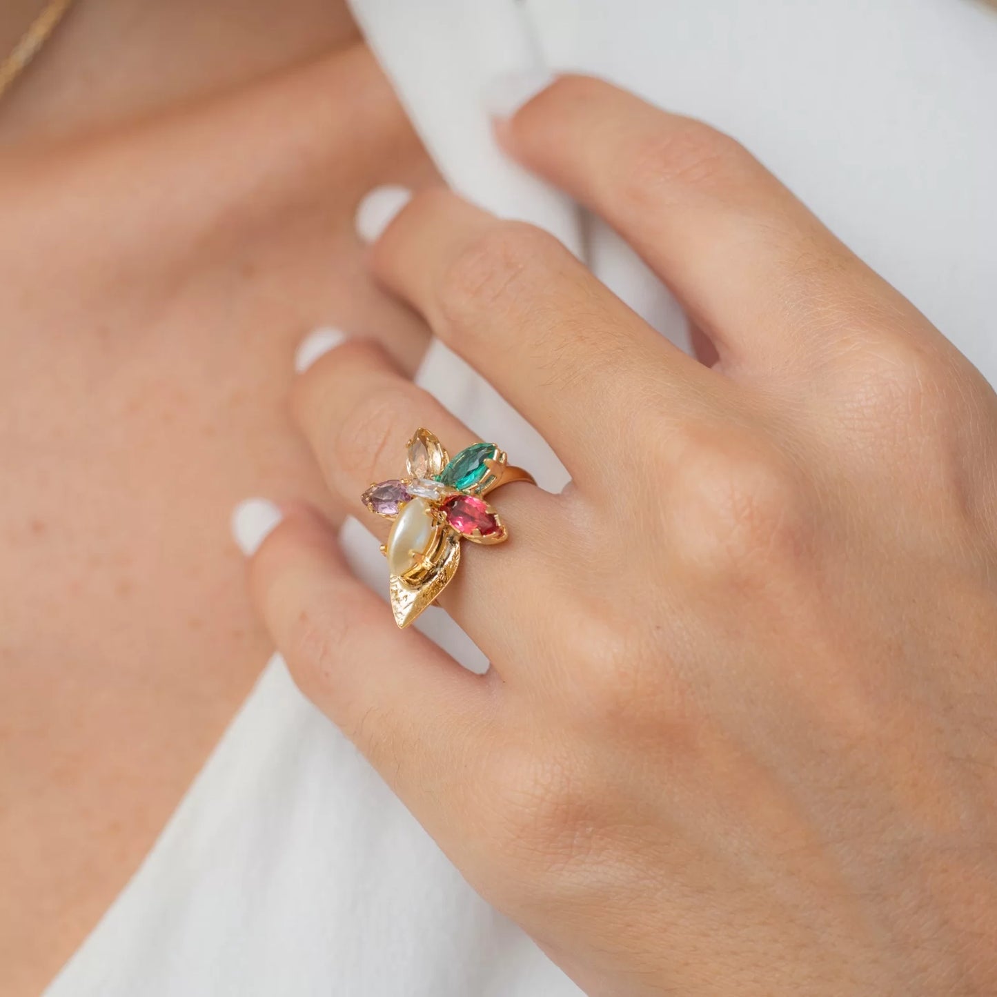 Crystal Flower Ring Gold Plating