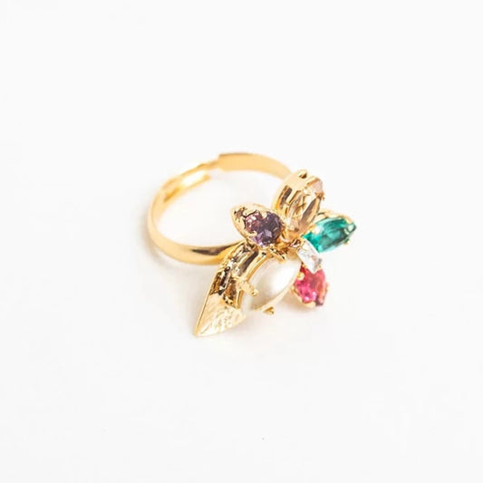 Crystal Flower Ring Gold Plating