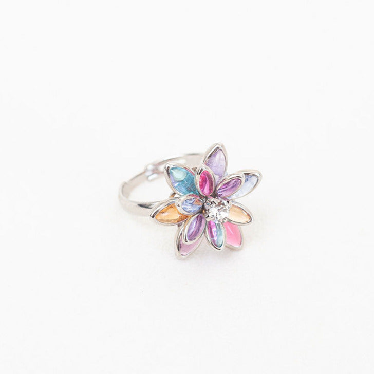 COLORED DAISY FLOWER RING WHITE RHODIUM PLATING
