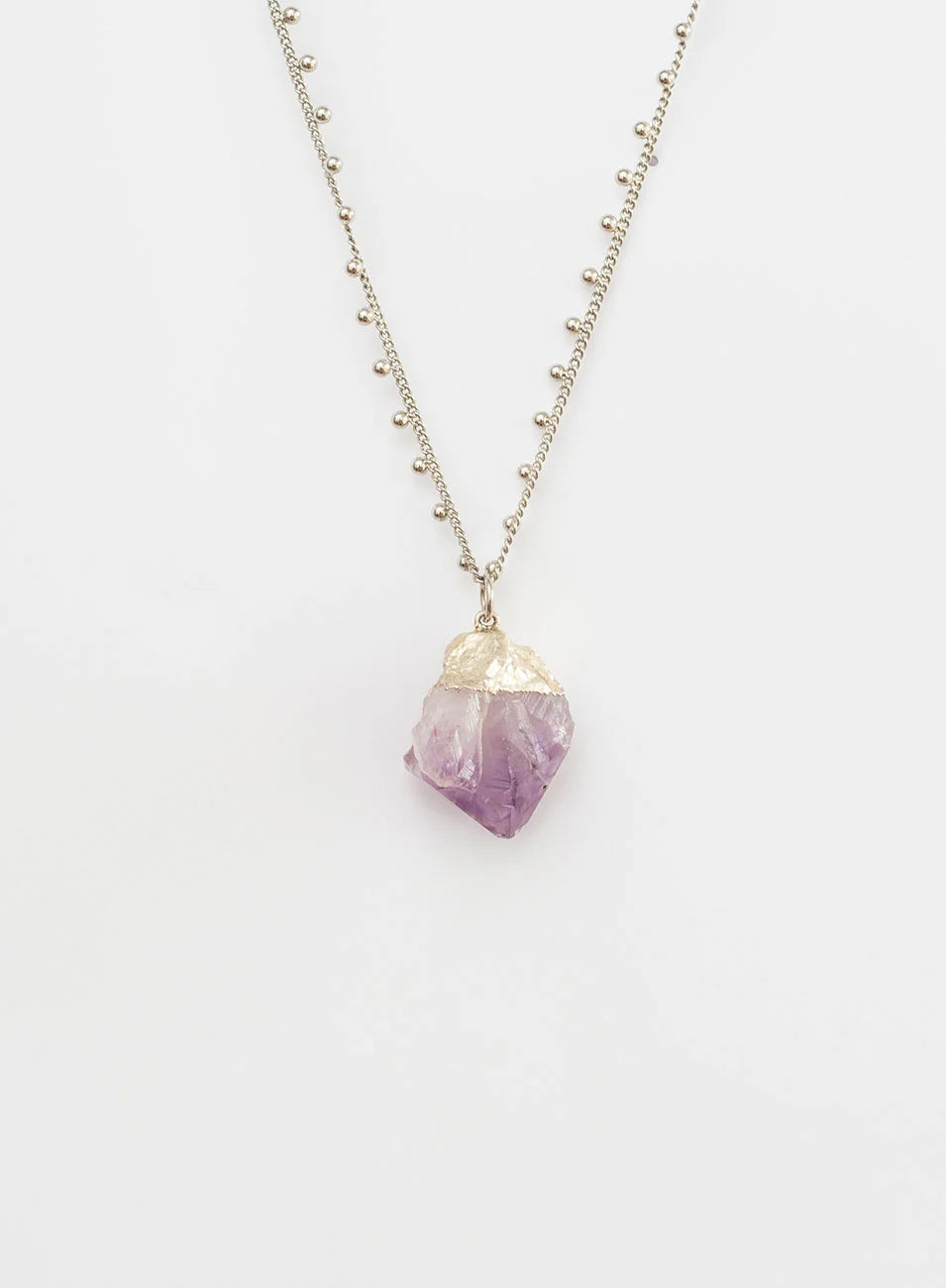 NECKLACE WITH RAW AMETHYST STONE PENDANT WHITE RHODIUM-PLATED