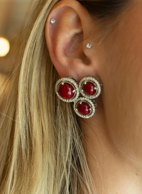 CHERRY TRIO EARRINGS WHITE RHODIUM PLATED