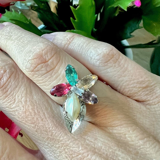 Crystal Flower Ring White Rhodium Plating
