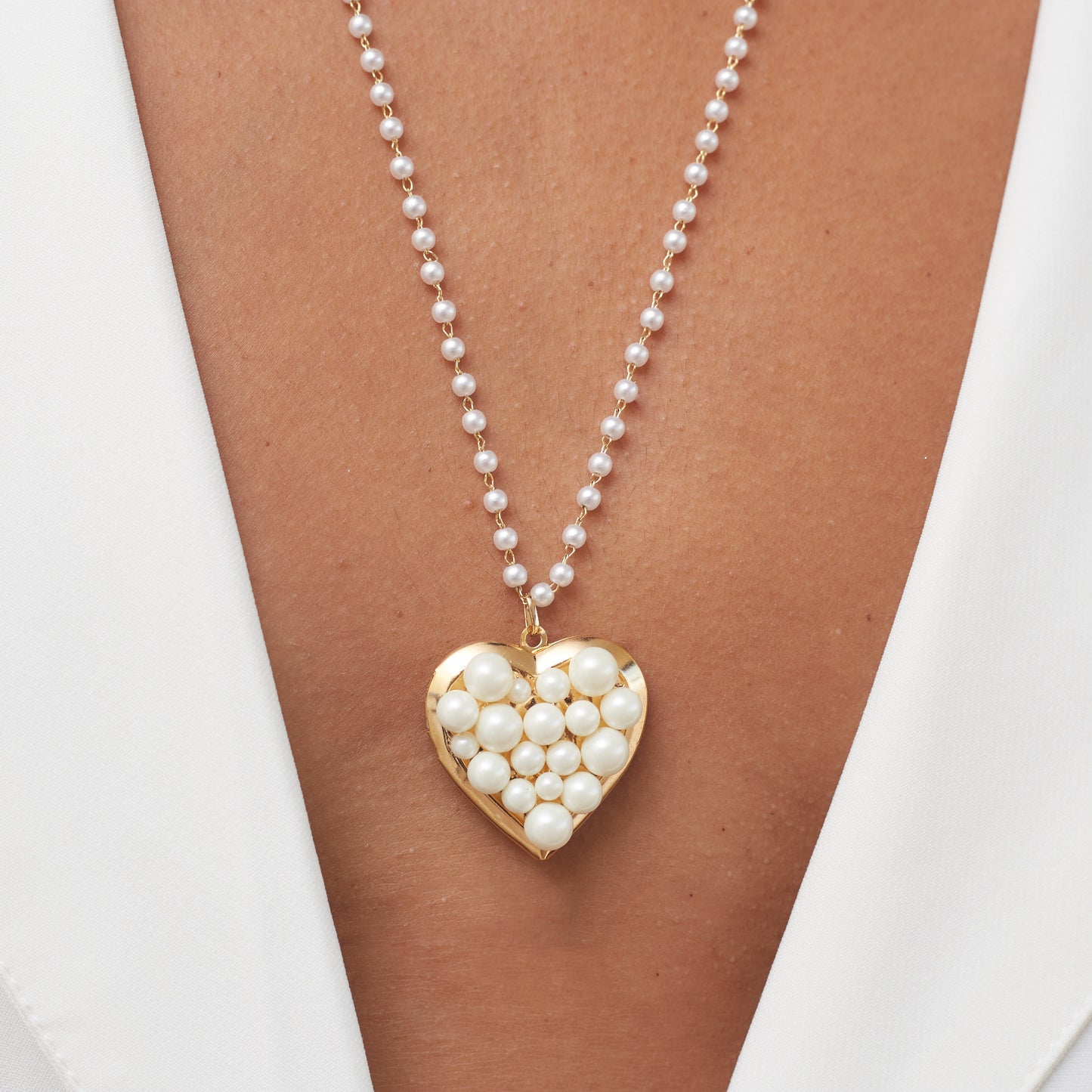 Pearls Heart Locket Necklace Gold Plated