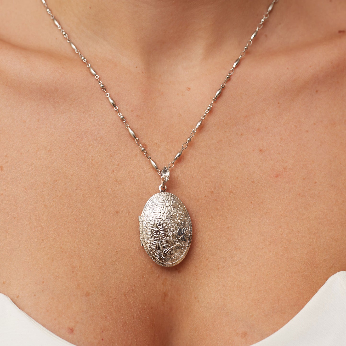 Floral Oval Locket Necklace White Rhodium Plated