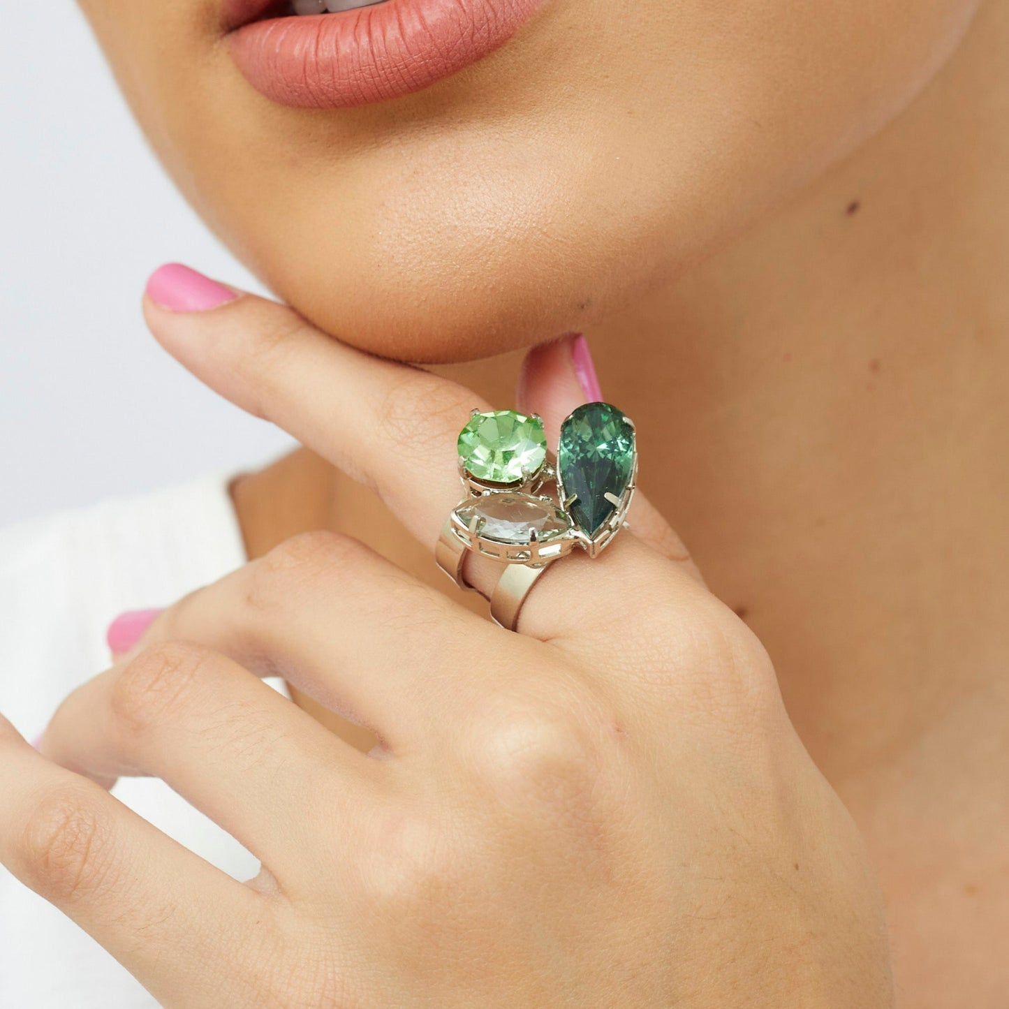 Blair Green Ring White Rhodium Plated
