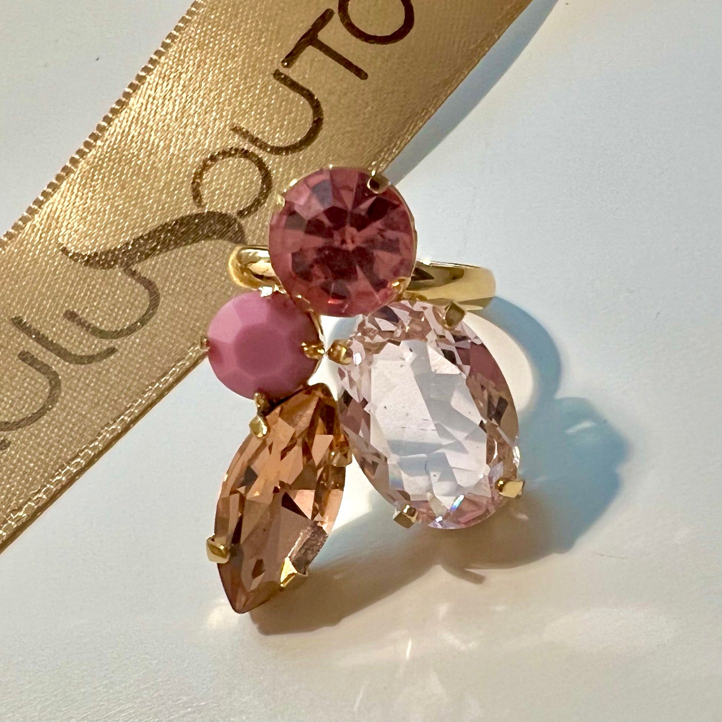 Four Pink Crystals Ring Gold Plated