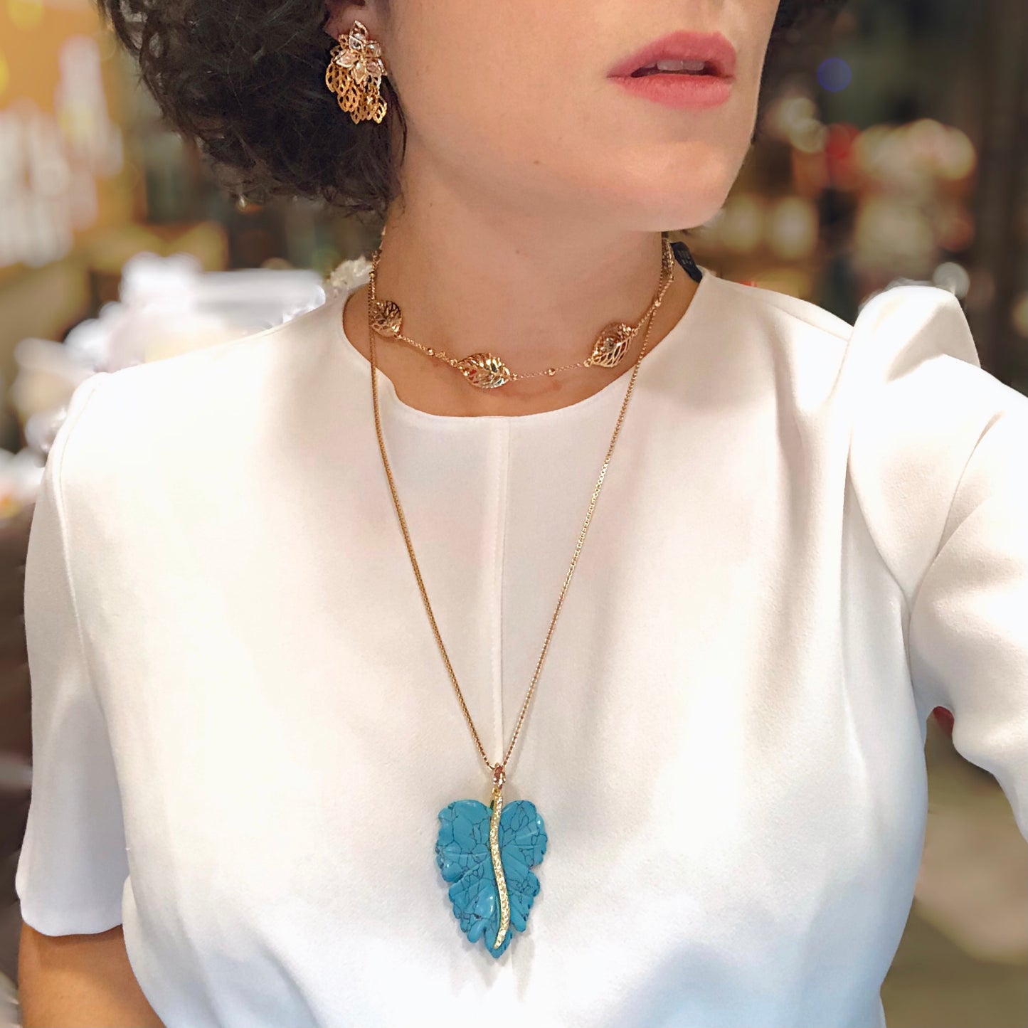 Turquoise Leaf Pendant Necklace Gold Plated