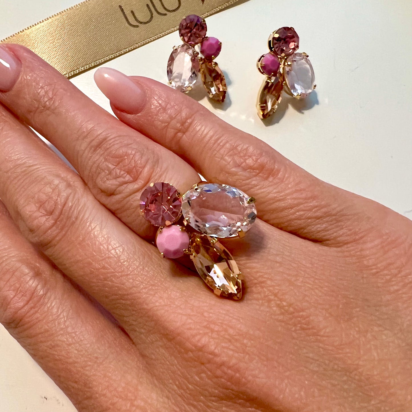 Four Pink Crystals Ring Gold Plated