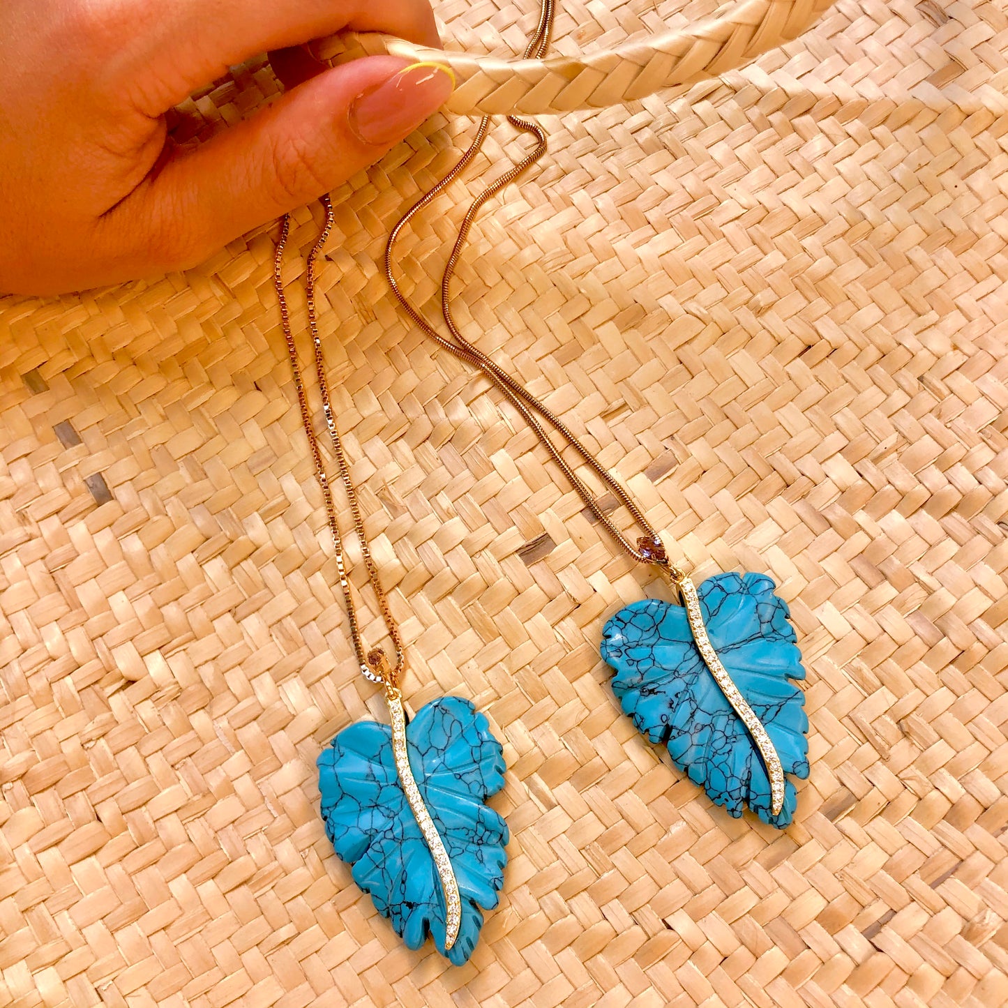Turquoise Leaf Pendant Necklace Gold Plated