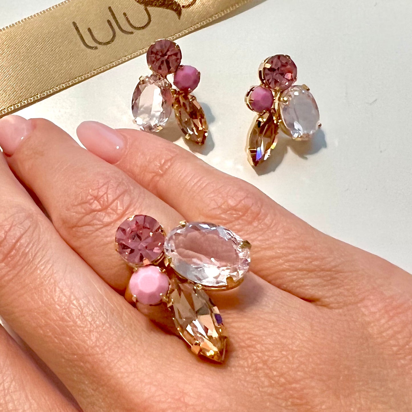 Four Pink Crystals Ring Gold Plated