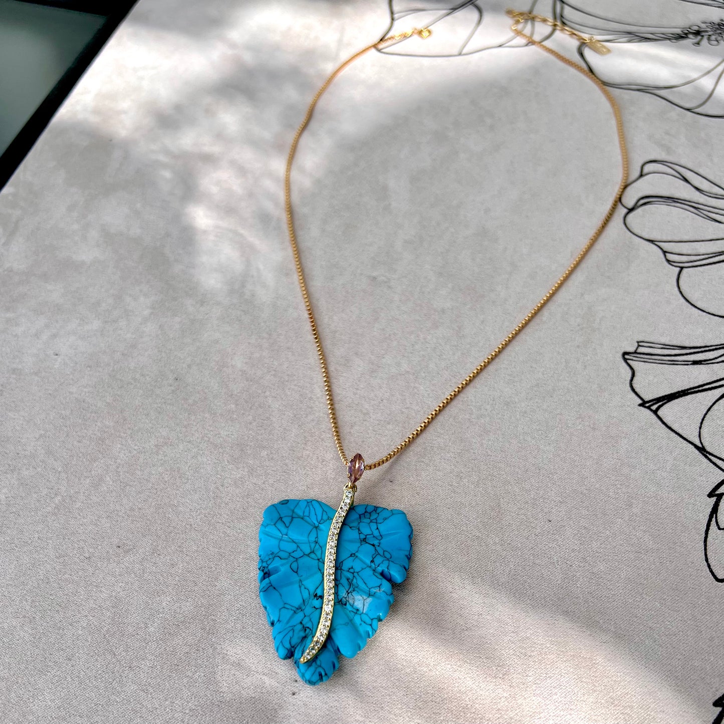 Turquoise Leaf Pendant Necklace Gold Plated