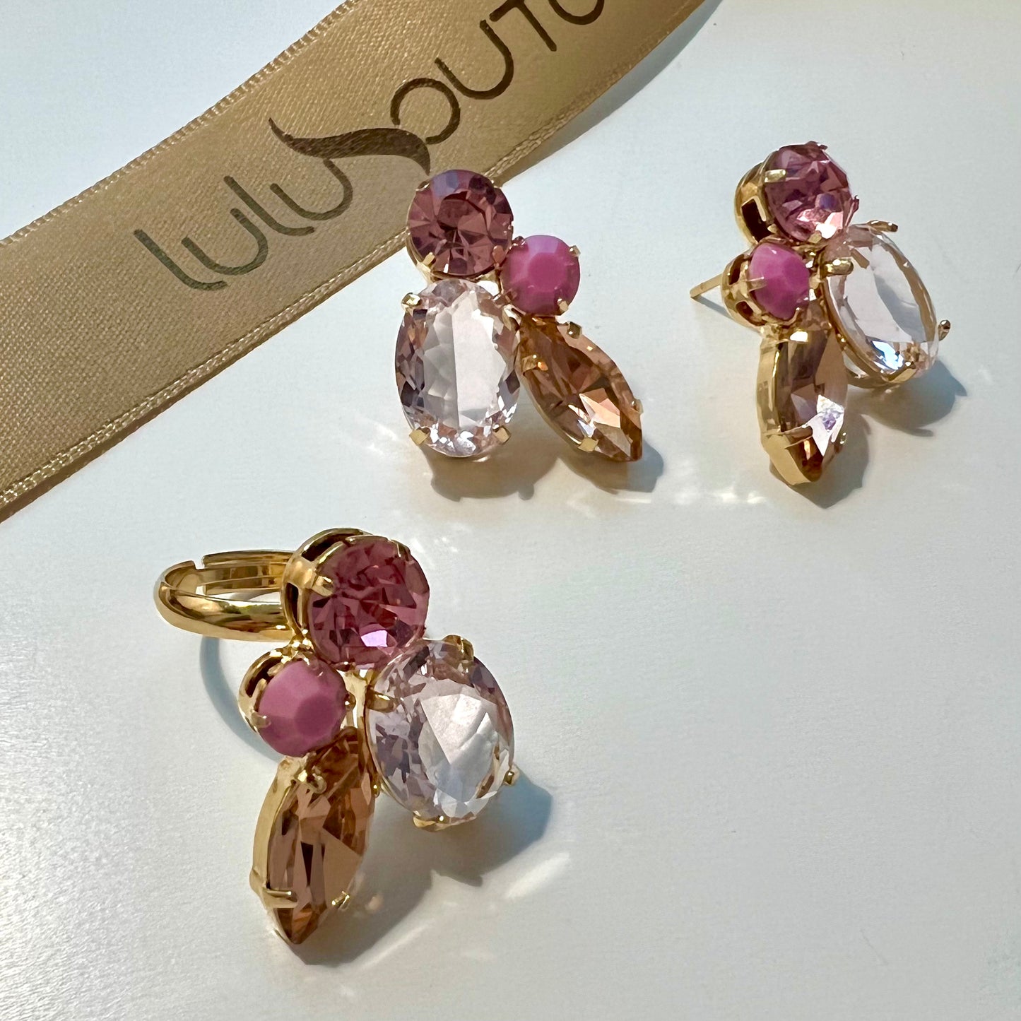 Four Pink Crystals Ring Gold Plated