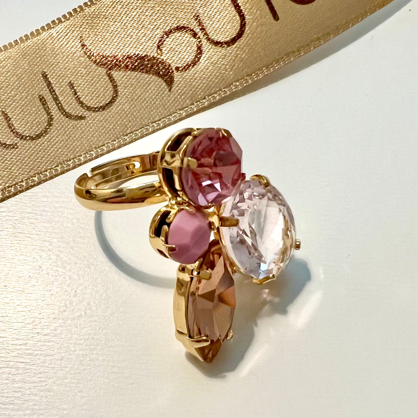 Four Pink Crystals Ring Gold Plated