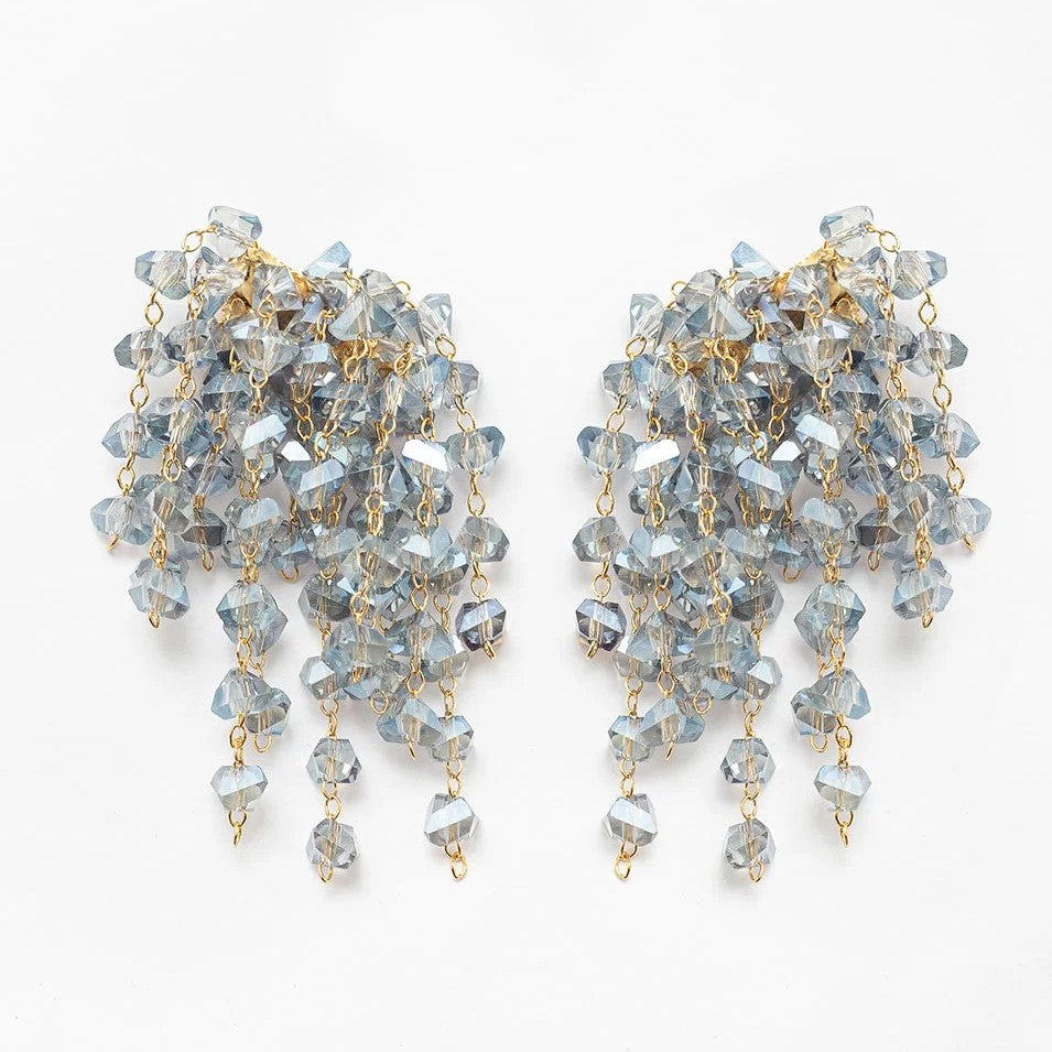 CASCADE EARRINGS FACETED BLUE CRYSTALS GOLD PLATING