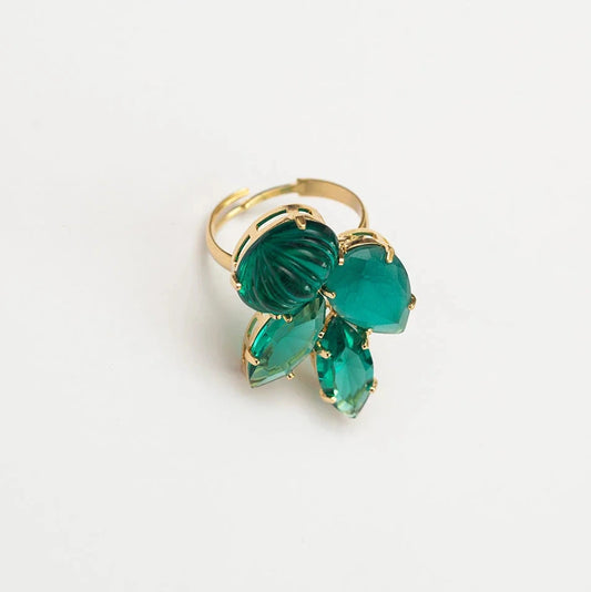 BROMELIA RING — GREEN CRYSTALS WITH GOLD PLATING