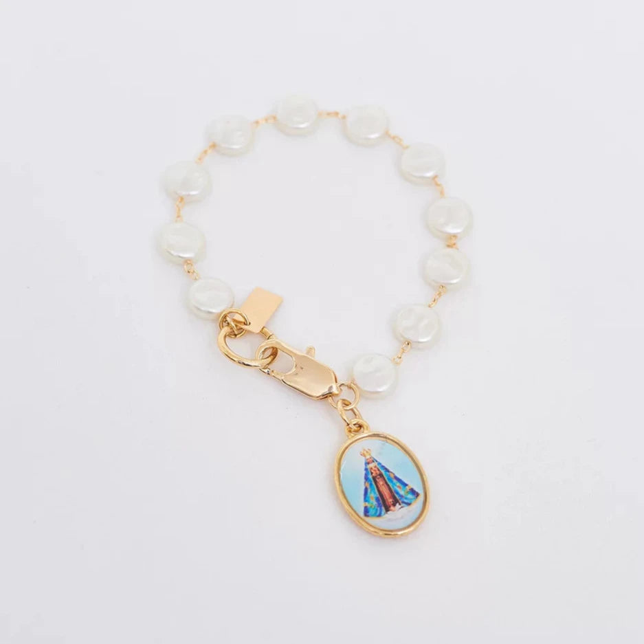 OUR LADY OF APARECIDA BRACELET GOLD PLATED WITH PEARLS