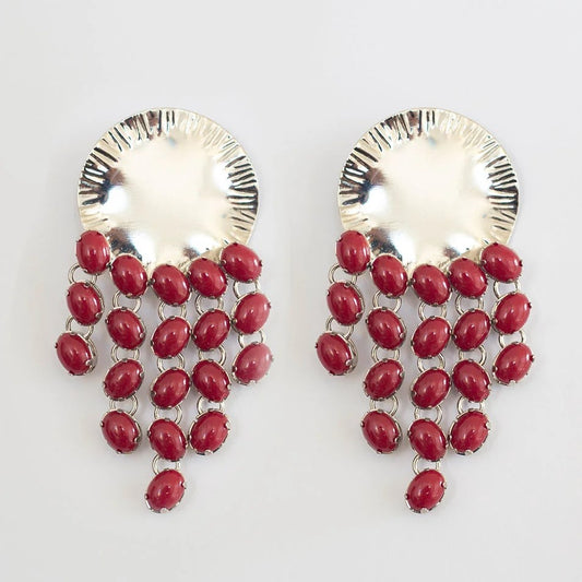 Cherry Fringe Earrings with Bordeaux Resin Disc and White Rhodium Plating