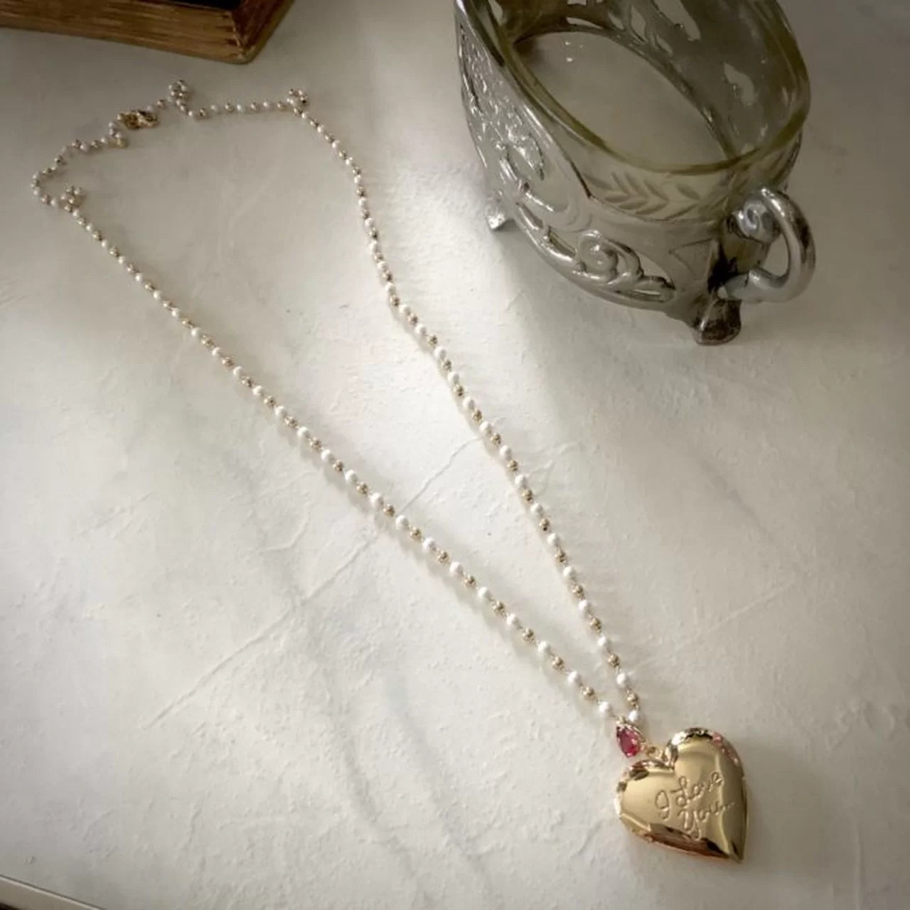 HEART LOCKET I LOVE YOU WITH PEARLS GOLD PLATING