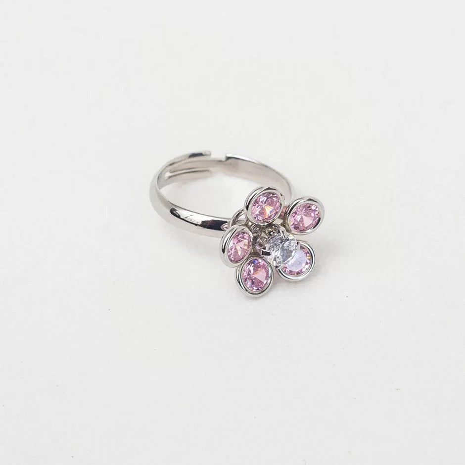 FLOWER RING PINK CRYSTALS WHITE RHODIUM PLATING