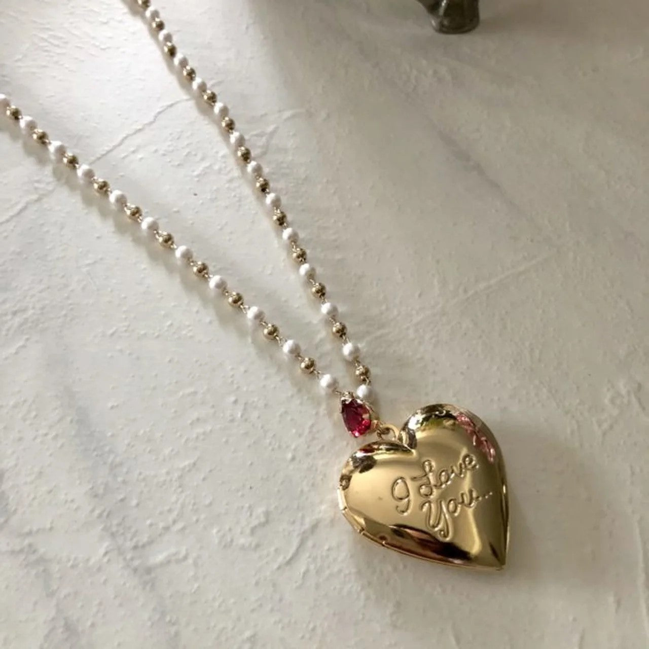 HEART LOCKET I LOVE YOU WITH PEARLS GOLD PLATING