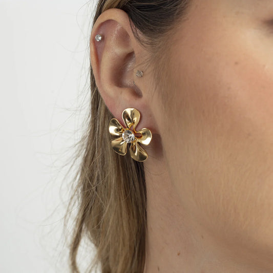 FLOWER BASE EARRINGS CRYSTAL GOLD PLATED