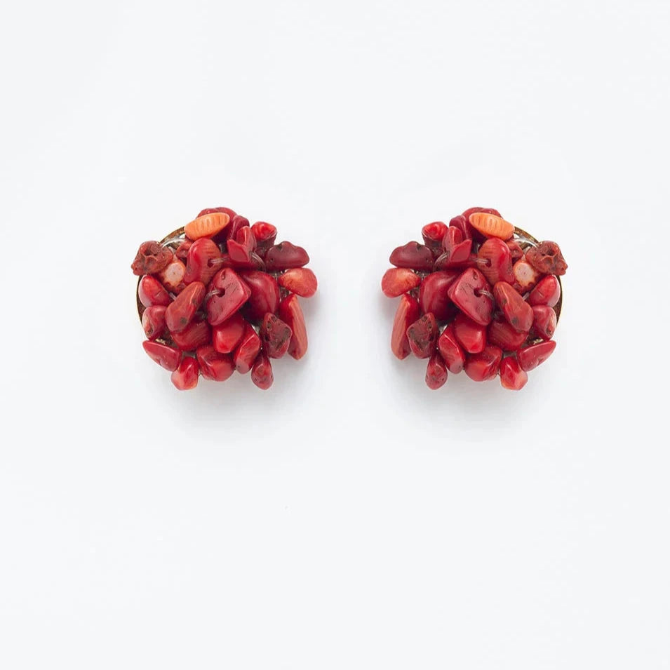 BUTTON EARRINGS RED CHIP STONE GOLD-PLATED