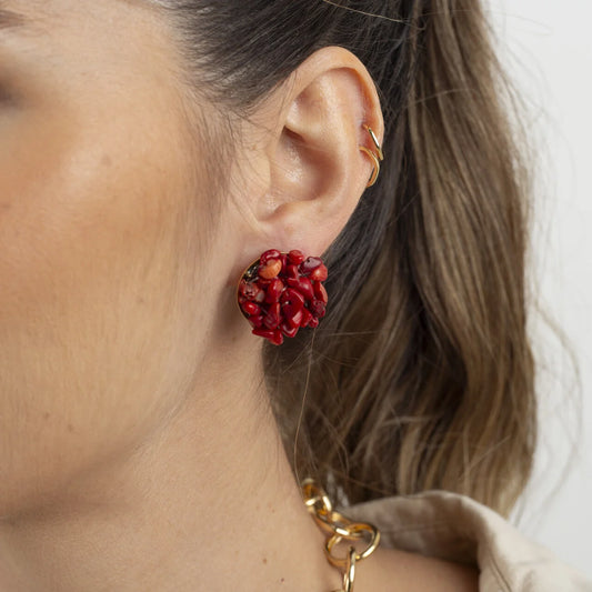 BUTTON EARRINGS RED CHIP STONE GOLD-PLATED