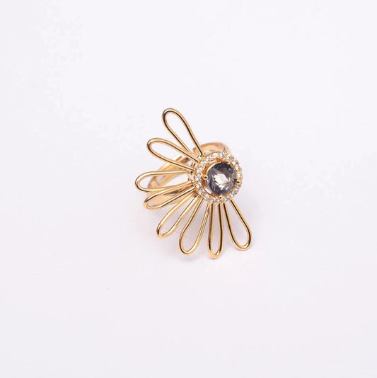 Margie Ring – Wired Flower with Gray Crystal Center and Zirconias, Gold Plated