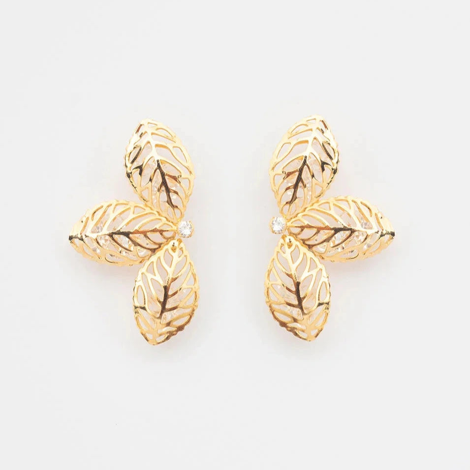 HALF-LEAF EARRINGS WITH CRYSTALS GOLD PLATED