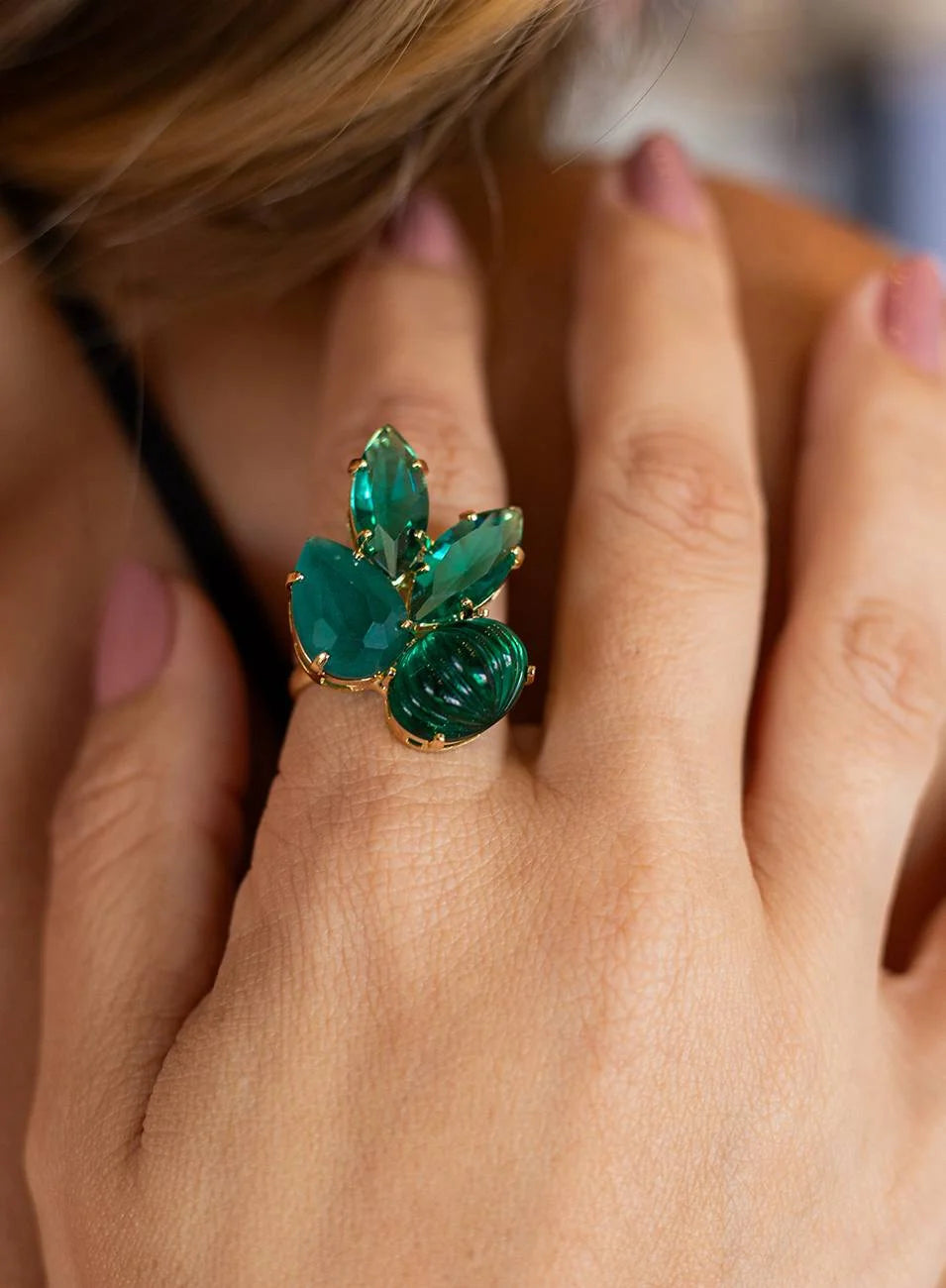 BROMELIA RING — GREEN CRYSTALS WITH GOLD PLATING