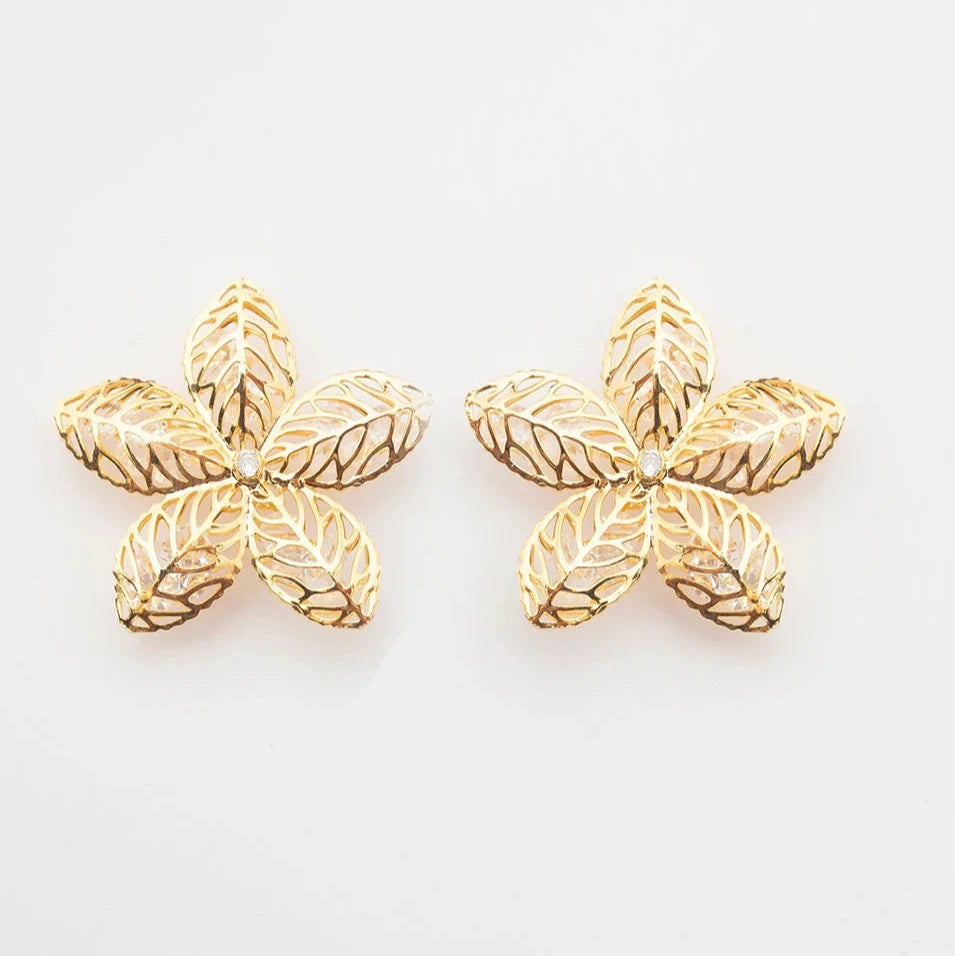 BUTTON EARRINGS WITH LEAVES AND CRYSTAL GOLD PLATED