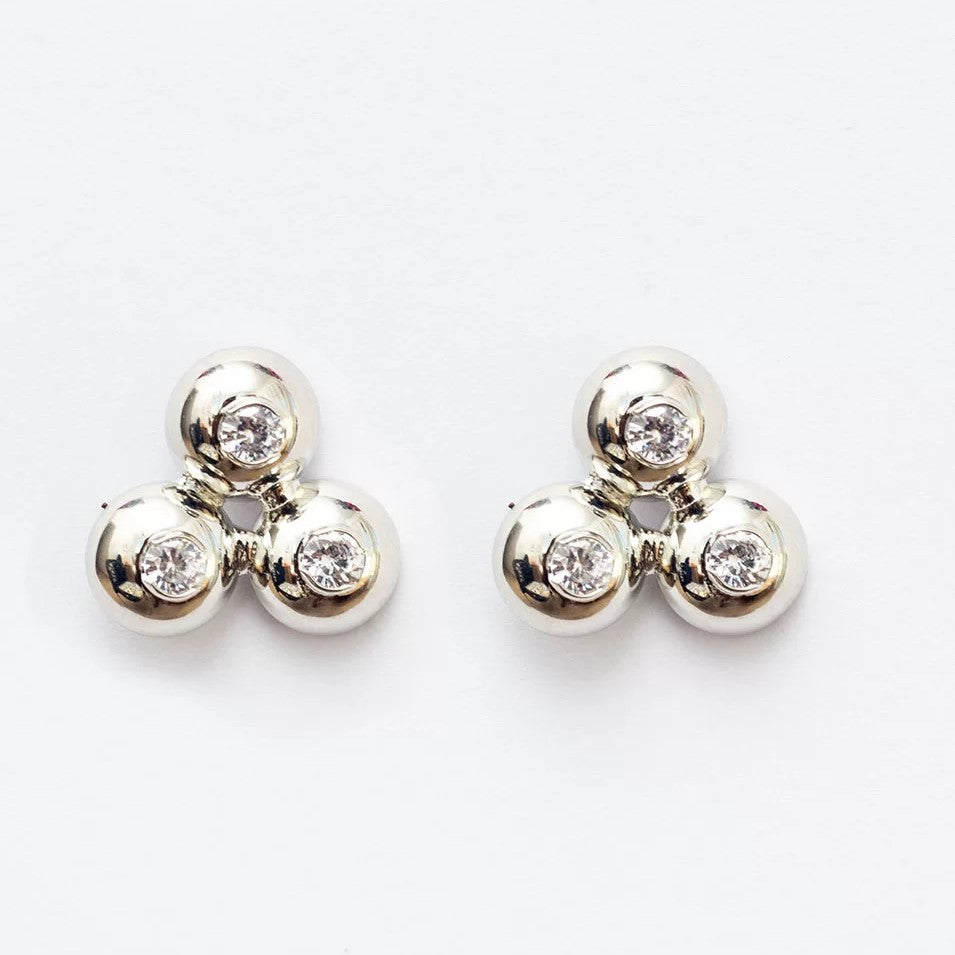 TRIO BUB EARRINGS METAL SPHERES ZIRCONIA WHITE RHODIUM PLATED