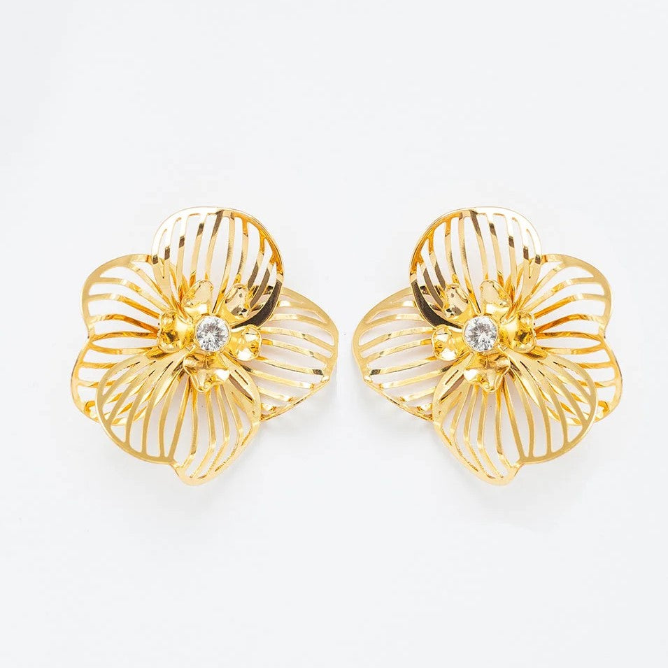 Caulerpa Flower Earrings with Zirconia and Gold Plating