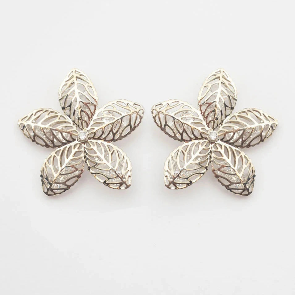 BUTTON EARRINGS WITH LEAVES AND CRYSTAL RHODIUM PLATED