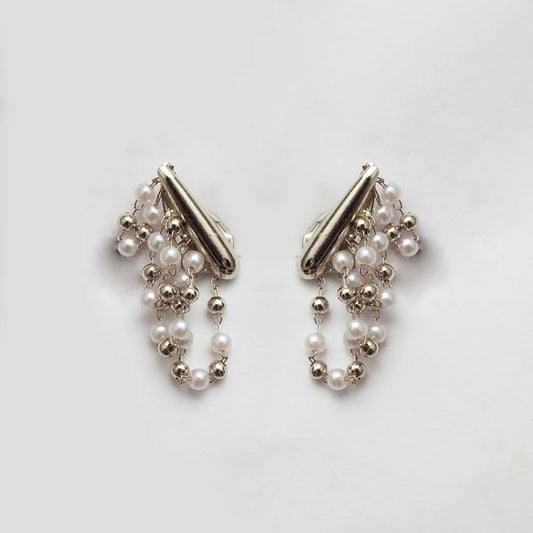 EAR CUFF EARRINGS WITH PEARL FRINGE WHITE RHODIUM PLATING