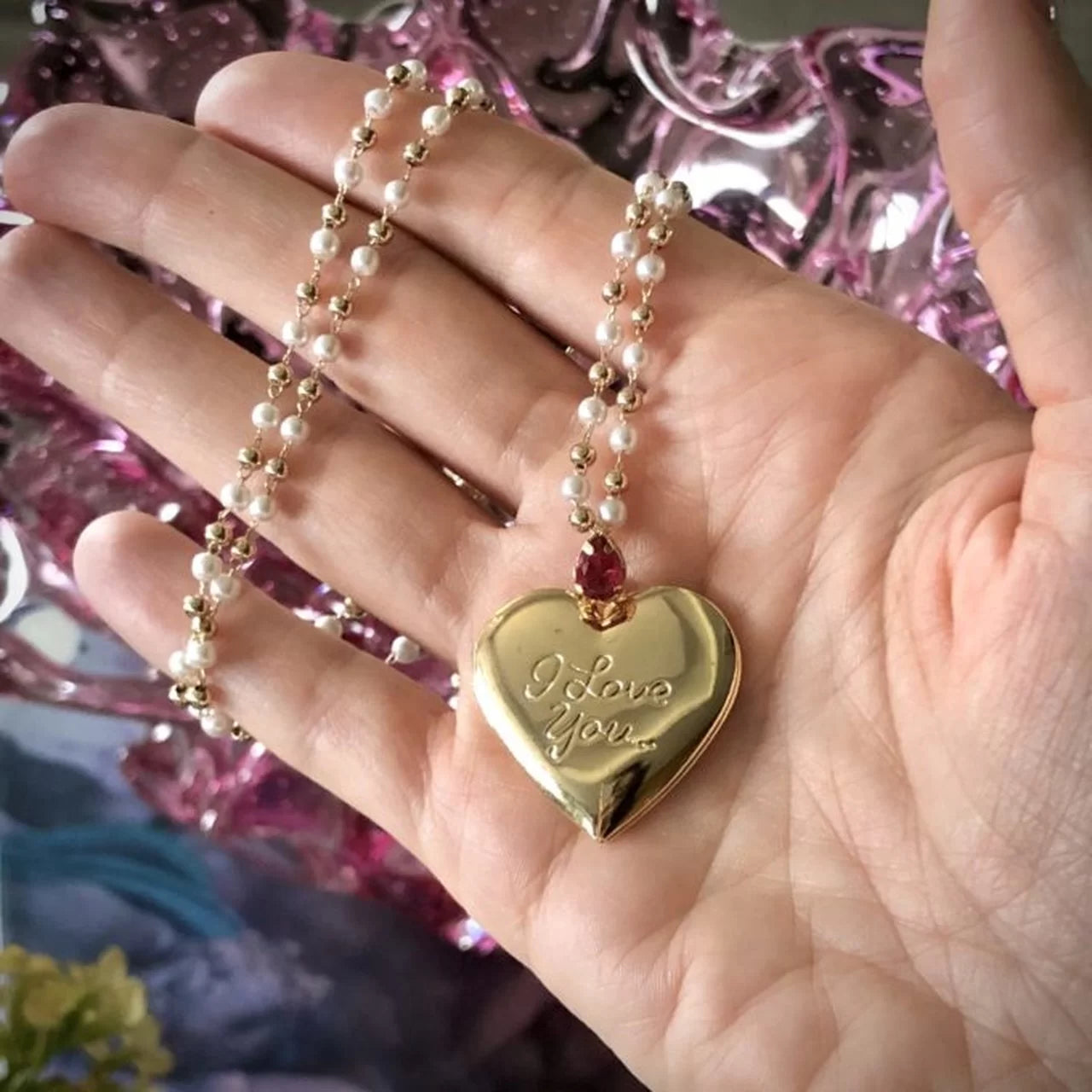 HEART LOCKET I LOVE YOU WITH PEARLS GOLD PLATING