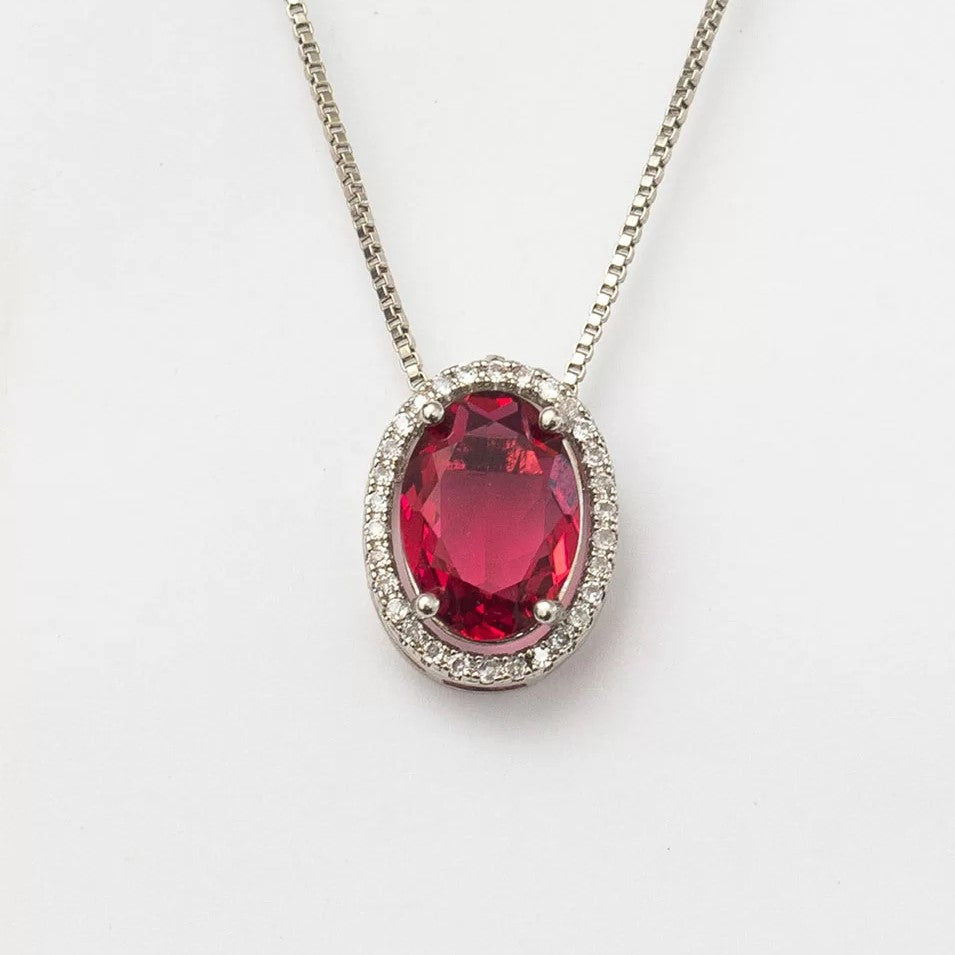 RED OVAL CRYSTAL NECKLACE WITH WHITE RHODIUM ZIRCONIA PLATING