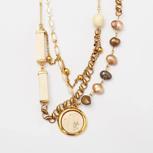 CACTUS MIX NECKLACE WITH CULTURED PEARLS AND MULTI-CHAIN DESIGN — ANTIQUE GOLD PLATING