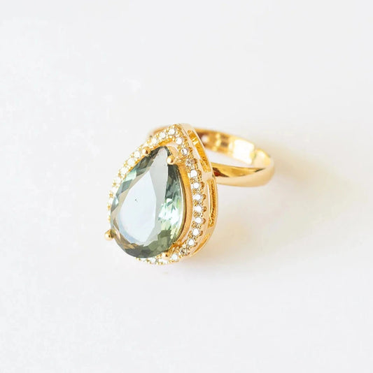 MABÊ RING — GREEN AMETHYST TEARDROP CRYSTAL, GOLD PLATING