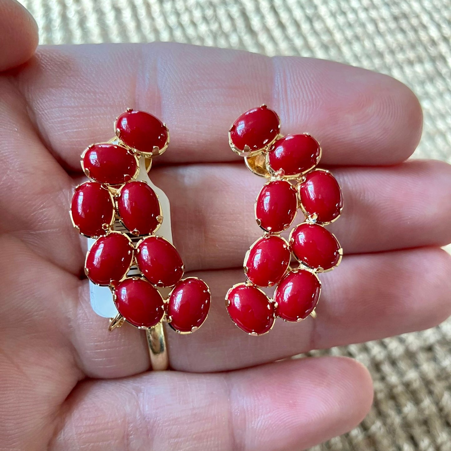 Cherry Earrings Ear Cuffs with Oval Bordeaux Resin and Gold Plating