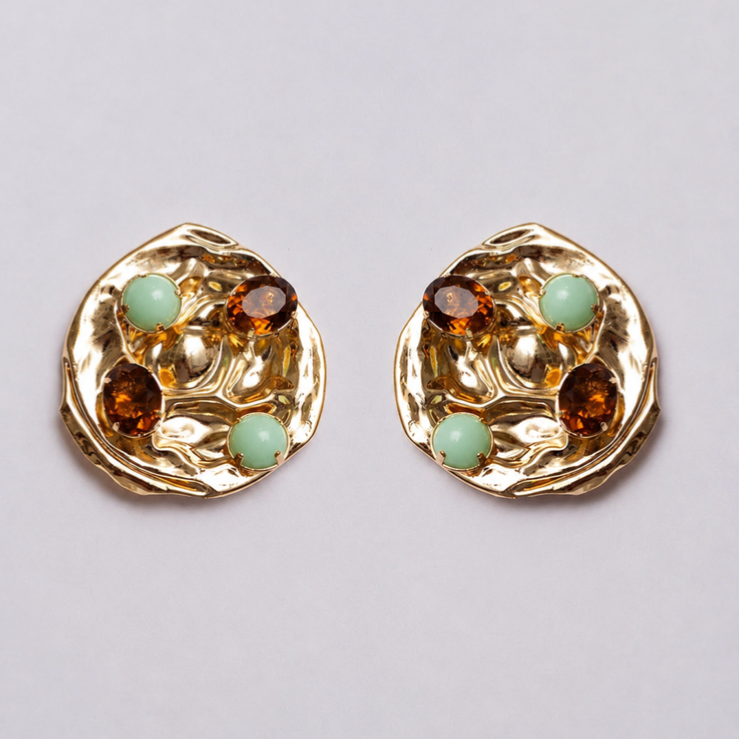 Green and Brown Limestone Earrings Gold Plated