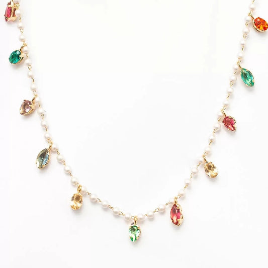 Mini Pearls and Coloured Crystals Necklace Gold Plated