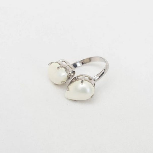 MILKA PEARL DOUBLE DROP RING WHITE RHODIUM PLATED