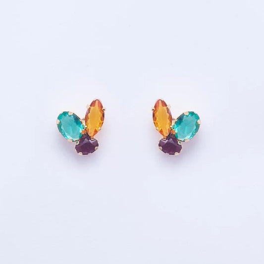 ANNY EARRINGS MIX PURPLE/EMERALD/MORGANITE CRYSTALS GOLD PLATED