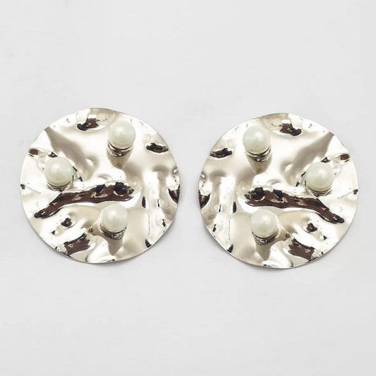 Earrings Hammered Disc Pearls White Rhodium Plating