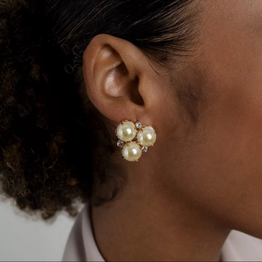 Triangular Pearls Zirconia Earrings Gold Plating