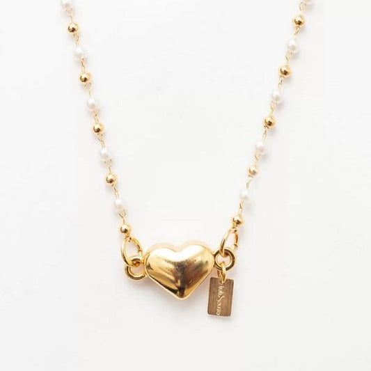 PEARL BEADS HEART-SHAPED CLASP NECKLACE GOLD PLATED